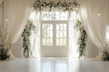 Fototapeta premium Wedding backdrop aesthetic indoor window natural light minimalist floral plant decoration background