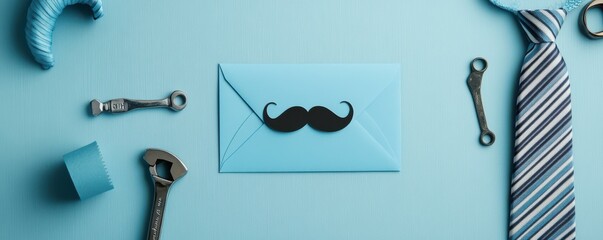 Stylish flat lay of a blue envelope, mustache cut-out, tools, and a striped tie on a pale blue surface perfect for Father's Day or masculine birthday theme