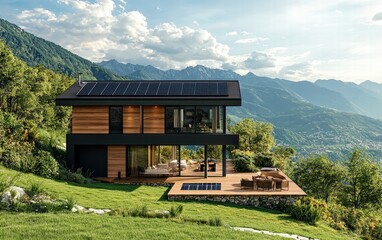Fototapeta premium A contemporary house with solar panels integrated into the facade, overlooking a tranquil mountain range