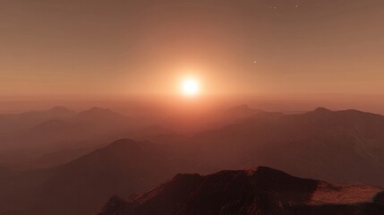 Obraz premium Alien planet sunset over hazy mountains.