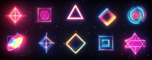 Obraz premium Neon Shapes on Dark Background: Glowing neon geometric shapes on dark background, sci-fi vibe, bright colors, cyberpunk aesthetics, futuristic