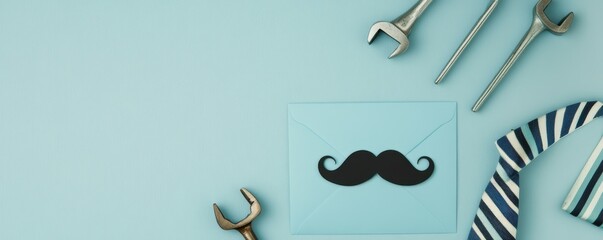 Stylish flat lay of a blue envelope, mustache cut-out, tools, and a striped tie on a pale blue surface perfect for Father's Day or masculine birthday themes