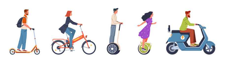 Set of people men and women riding on eco friendly safety electric transport. Scooter, bicycle, monowheel, segway. Modern flat cartoon illustration isolated on white background © DimaDoma