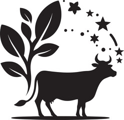 Cow silhouette with leaves and stars.