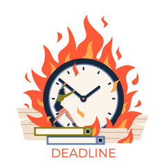 Deadline concept. Young woman tries to stop time on a burning clock. Modern flat cartoon illustration isolated on white background
