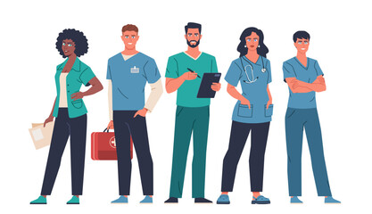Obraz premium Diverse team of doctors and nurses. Modern flat cartoon illustration isolated on white background