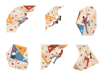 Set of people climbing up in bouldering park. Extreme sport activity. Modern flat cartoon illustration isolated on white background