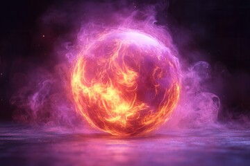 Fototapeta premium A glowing orb of swirling purple and orange flames against a dark background.