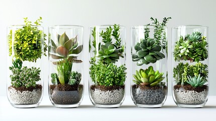Fototapeta premium Five Glass Vases Containing Diverse Succulent Plants