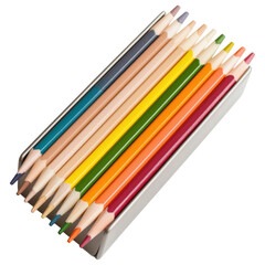 Fototapeta premium A set of colorful colored pencils arranged neatly in a box, showcasing a variety of vibrant hues, white background, transparent background.