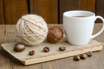 Cozy Still Life with Yarn Balls, Coffee Cup, and Coffee Beans on Rustic Wooden Table Against Warm Background