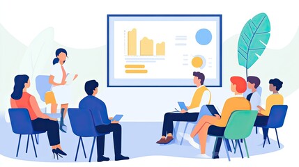 Businesswoman giving presentation to diverse team, analyzing data on screen.