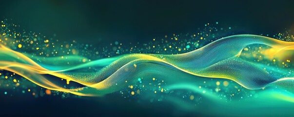 abstract green waves, flowing digital lines, glowing particles in motion, soft bokeh effect, serene illumination, calming nature imagery