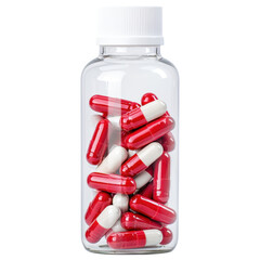 A clear bottle filled with red and white capsules, showcasing a vibrant collection of medication, white background, transparent background.