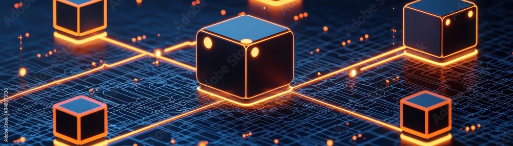 Poster a futuristic, digital network of glowing blocks interconnected on a dark grid background, symbolizin
