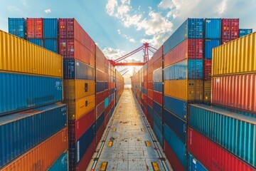 Shipping containers stacked in a busy port during sunset with clear skies