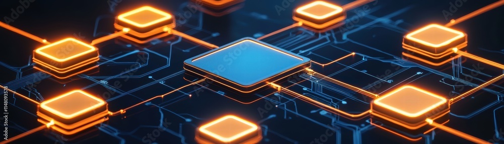 Poster a digital circuit design featuring interconnected processors with glowing nodes, illustrating advanc