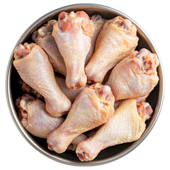 A bowl filled with raw chicken drumsticks, showcasing their plump shape and pale skin, white background, transparent background.