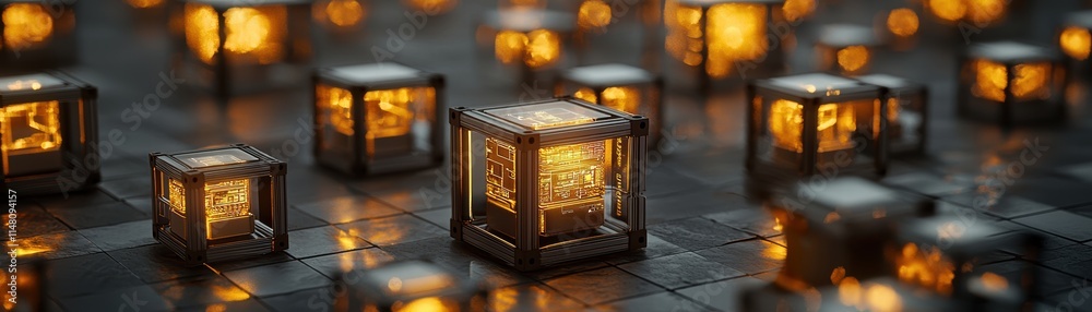Poster a mesmerizing array of glowing, illuminated cubes on a reflective surface, creating a warm and encha