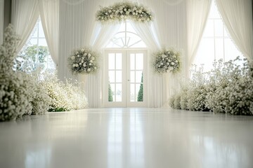 Fototapeta premium Wedding backdrop aesthetic indoor window natural light minimalist floral plant decoration background