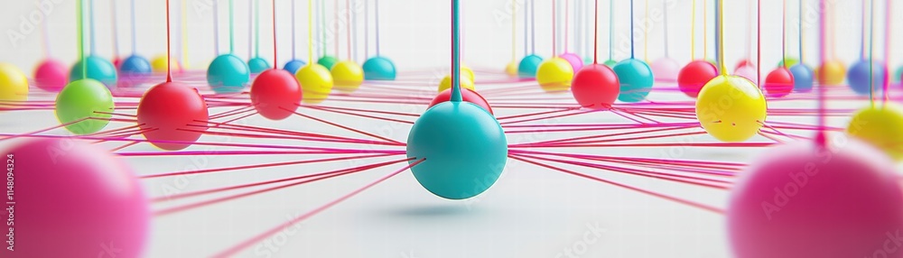 Poster colorful spheres suspended on strings, interconnected by vibrant lines, creating a dynamic and playf