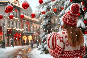 Winter wonderland scene with festive decorations and a girl holding a large ornament