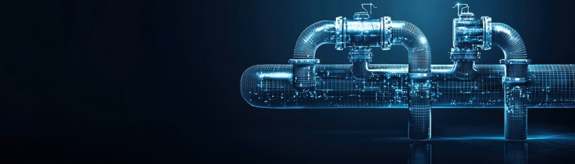 A sleek, modern pipeline design in blue tones, showcasing interconnected pipes against a dark background, emphasizing industrial aesthetics, Surreal art with floating virtual elements