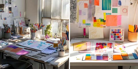 Two Artists Workspaces Show Colorful Art Supplies
