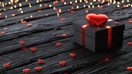 Elegant Black Gift Box with Red Heart Decoration on Dark Wooden Surface for Romantic Occasions