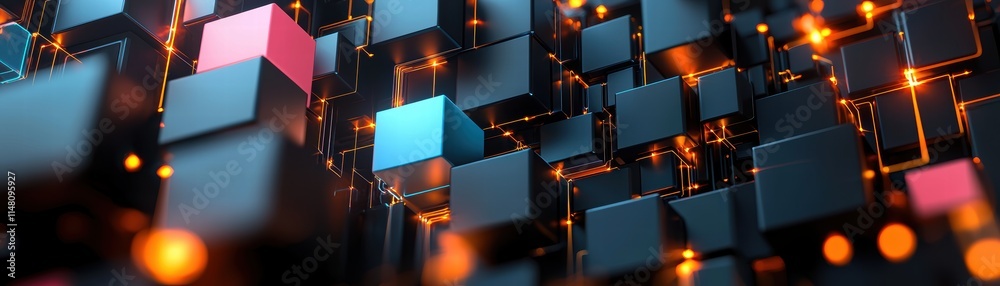 Poster floating holographic cubes with glowing ai streams, dynamically integrating into a futuristic ci con