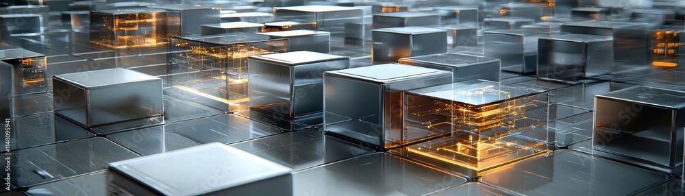 Poster a futuristic scene featuring metallic cubes with illuminated interiors, creating a visually striking