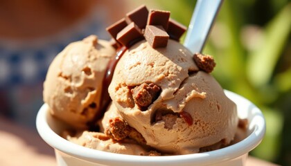 A close-up of a delicious ice cream dessert topped with chocolate pieces and cookie crumbles.