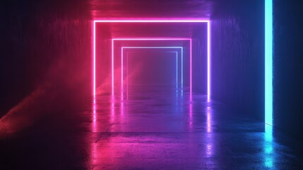 3d technology abstract neon light background, empty space scene, spotlight, dark night, virtual reality, cyber futuristic sci-fi background, street floor studio for mock up. colored geometric.