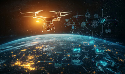 A high-tech drone hovers over Earth, surrounded by digital data visualization, illustrating futuristic technology and global connectivity.