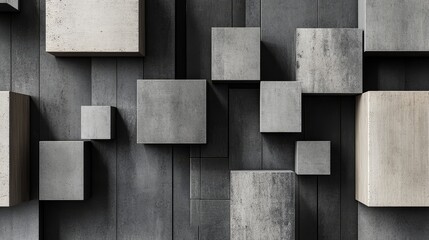 Abstract arrangement of 3D geometric shapes in varying shades of gray on a textured background, banner.