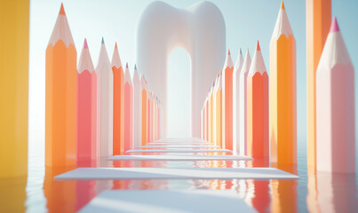 A surreal pathway of colorful pencils leads to a large tooth sculpture, blending creativity and dental themes in a whimsical setting.
