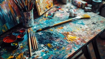 Colorful artist workspace featuring brushes, paints, and canvases with ample copy space for creative projects. Generative AI
