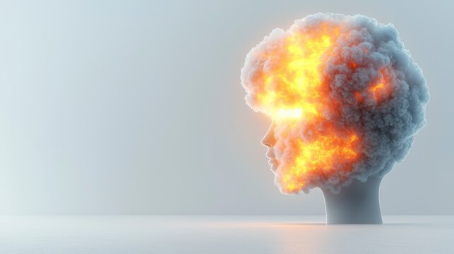 Exploding Head  Mental Health  Smoke  Fire  Intense Emotion  Brain  Mind  3D Render  Abstr