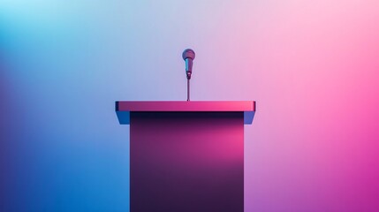 Minimalistic microphone on podium with vibrant purple and blue lighting setup