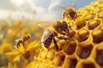 a honey bee resting on a yellow and white striped beehive entrance, with bees buzzing around and a field of yellow flowers in the distance.