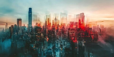 Obraz premium A dynamic cityscape showcasing a modern skyline with vibrant colors and a blurred motion effect, captured at sunset.