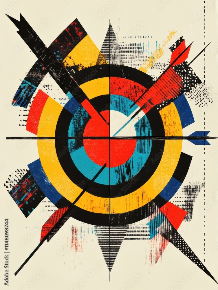 Poster abstract artwork featuring vibrant circles and arrows with a focus on geometric shapes and bold colo