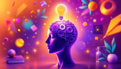 Creative thoughts illuminate the mind with vibrant colors and surreal elements in an imaginative setting