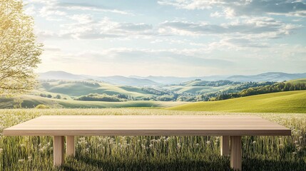 Fototapeta premium Serene Wooden Table on Green Meadow Overlooking Scenic Hills and Blue Sky