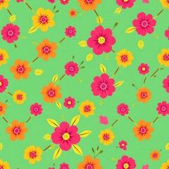 Naklejka premium Vibrant Floral Seamless Pattern: A cheerful and colorful pattern showcasing vibrant pink and orange flowers scattered across a refreshing green background.