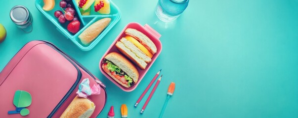 Nutritious lunch at school break concept. Top view photo of lunchbox with sandwiches and fruit with water bottle, pencils and kids backpack on teal isolated background with copyspace for text or ads