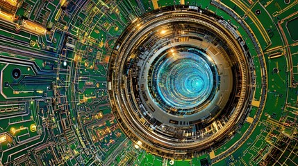 Obraz premium Abstract technological circular design with circuitry and glowing core.