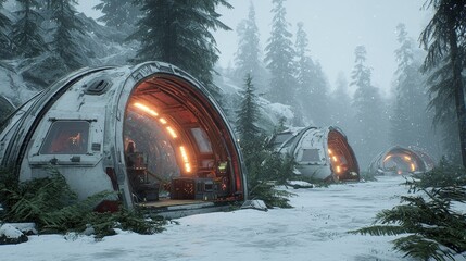 Futuristic Spaceship Tunnels in Snowy Forest  Sci Fi Winter Landscape