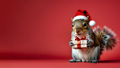 Adorable grey squirrel wearing a Santa hat, holding a Christmas gift against a red background. Festive, winter, holiday concept. © MopoWe
