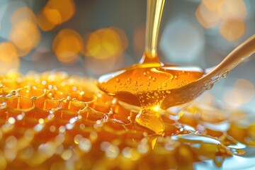 a honey dripping from a spoon onto a honeycomb